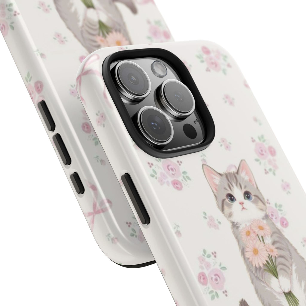 Side view cat and pink flower phone case with camera cutout, glossy