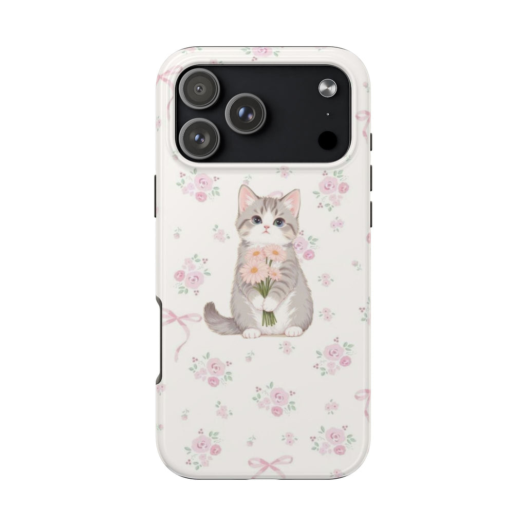 White cat phone case with pink flowers and bouquet, visible camera cutouts, glossy