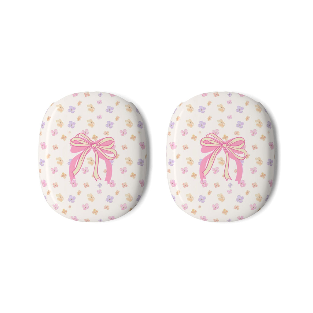 Pair of floral AirPods Max case covers with double bow on white background