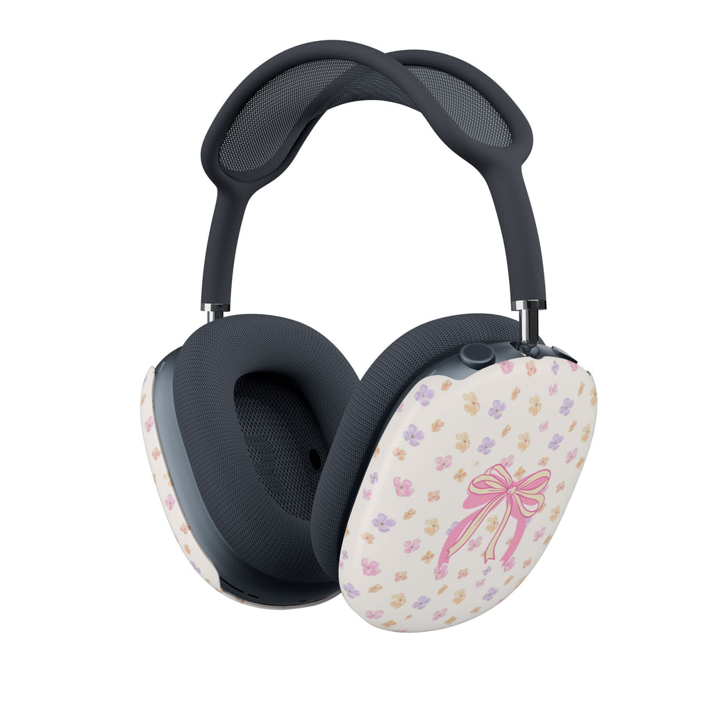 Floral AirPods Max case cover with double bow, shown on one ear cup