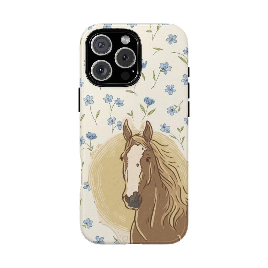Floral horse phone case with cream background, blue flowers, and tan horse portrait