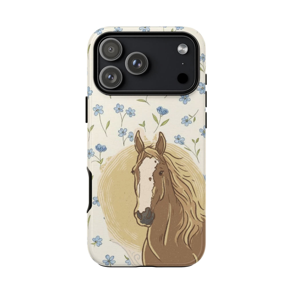 Front view floral horse phone case: cream with blue blossoms and tan horse artwork