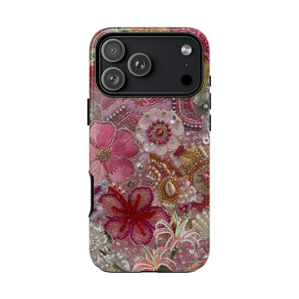 Decorative floral phone case with pink and gold beadwork plus pearls; camera cutouts