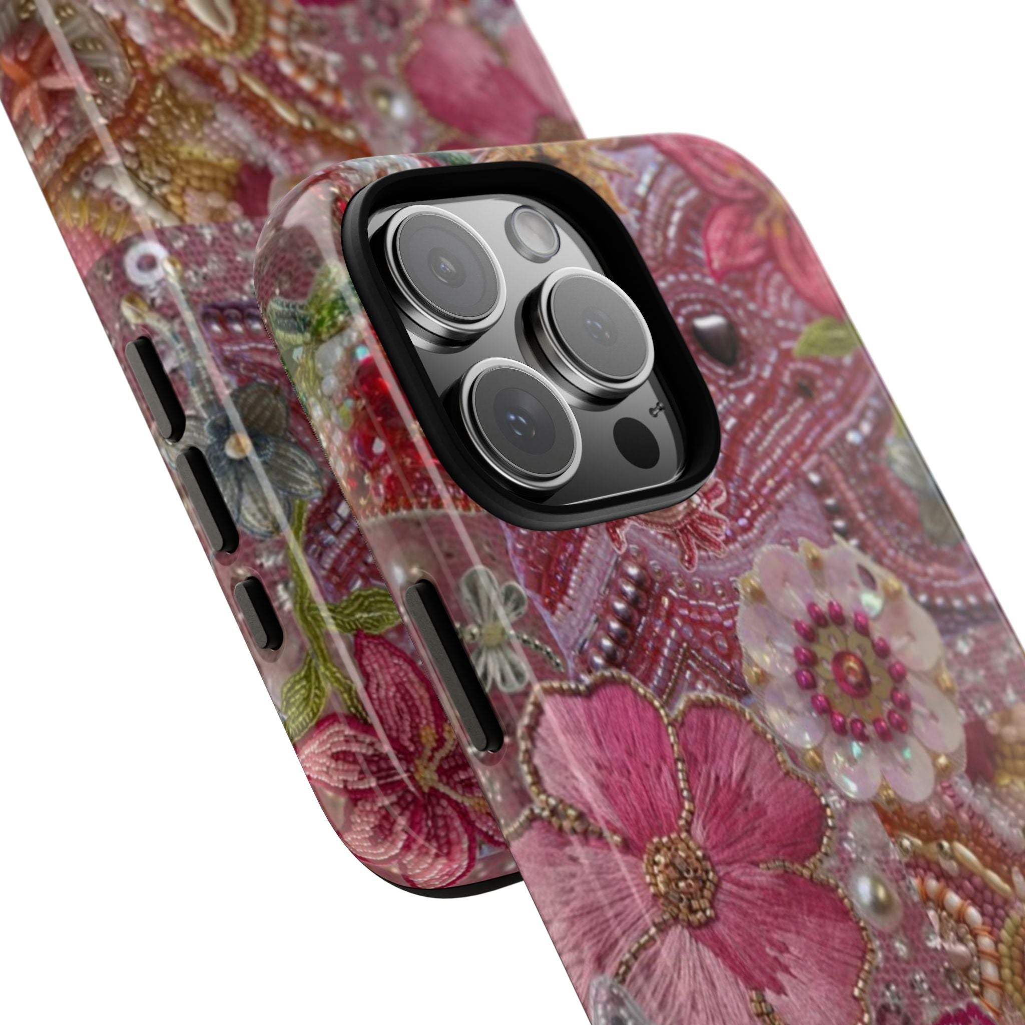 Pink floral pearl phone case with raised 3D flowers and side cutouts along the edge