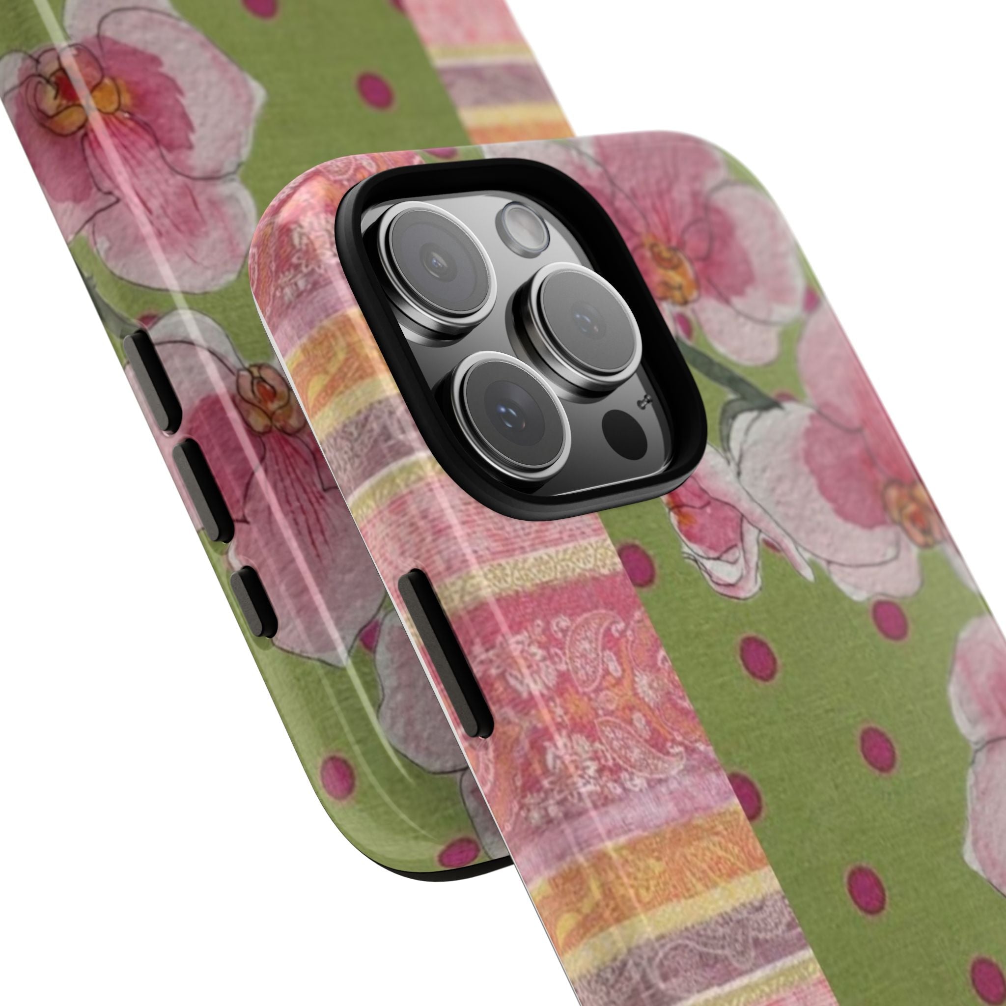 Corner view of floral patchwork phone case with pink flowers and purple polka dots