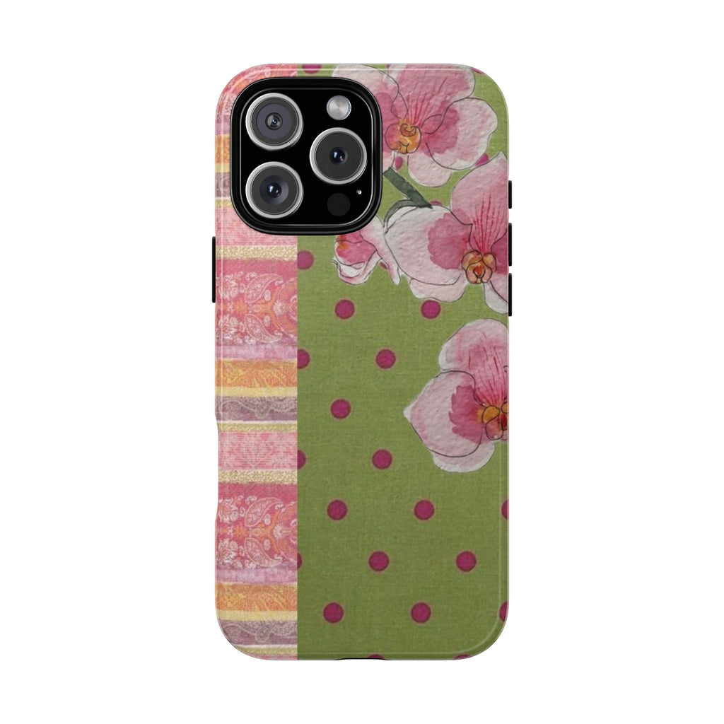 Floral polka dot patchwork phone case with pink flowers, purple dots, green panel