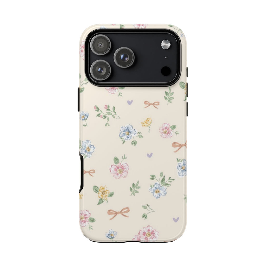 FLORAL ROMANCE phone case with cream floral print and visible camera cutouts
