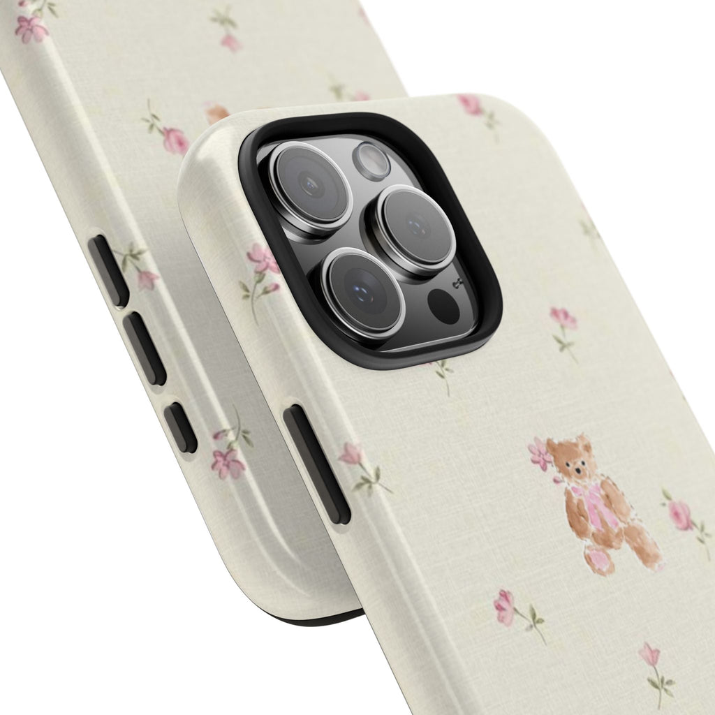 Cream floral teddy bear phone case with camera cutout and pink flower pattern