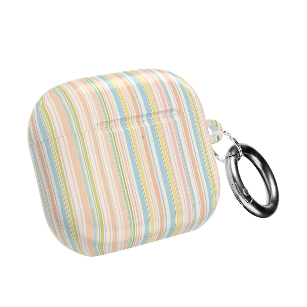 Pastel striped AirPods case with keychain ring attached, shown closed
