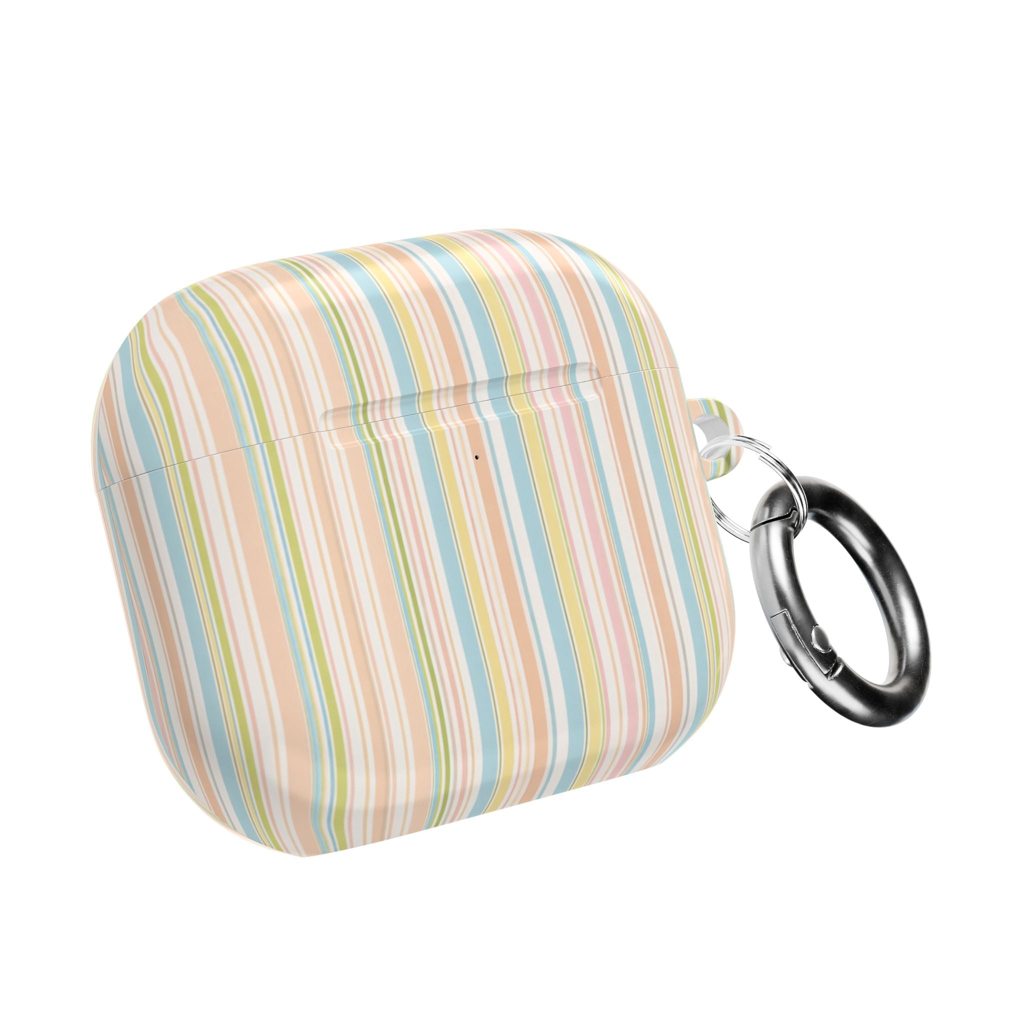 Pastel striped AirPods case with keychain ring attached, shown closed