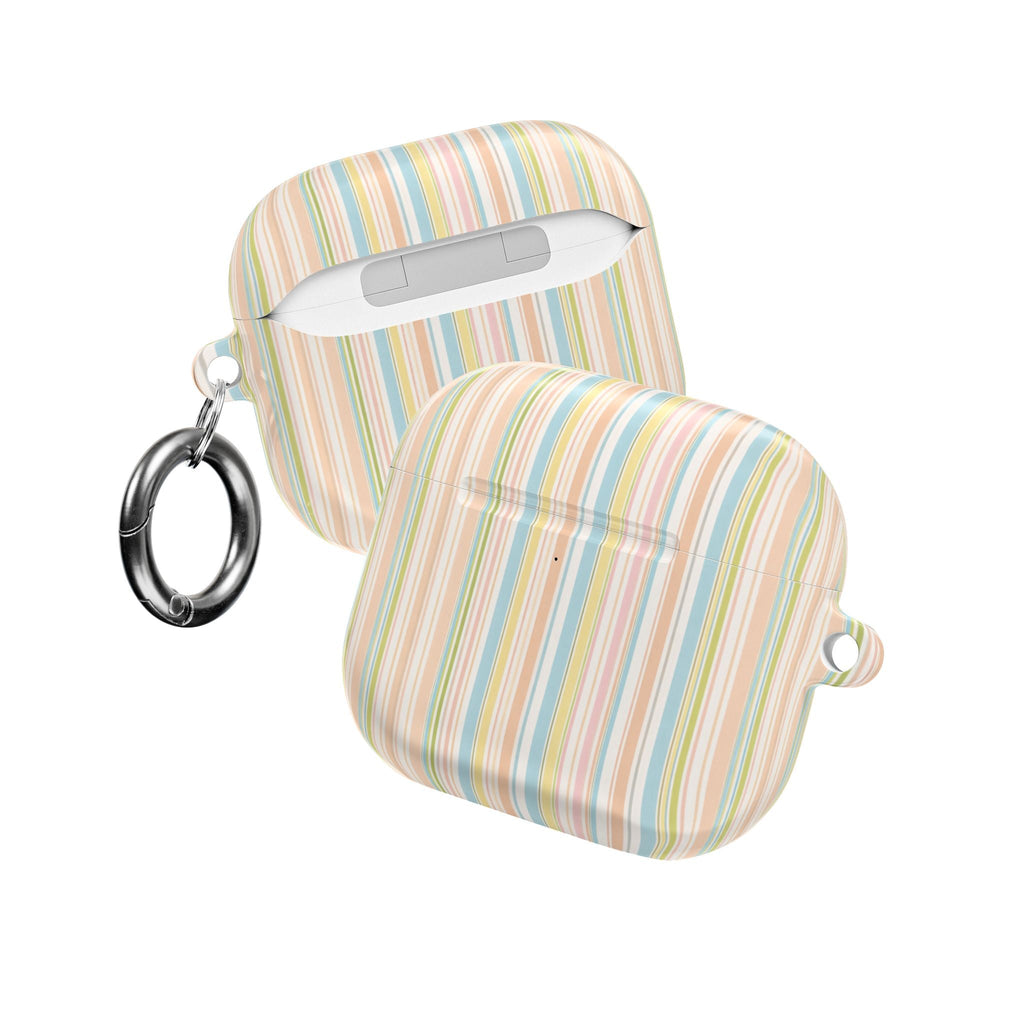 Pastel vertical stripe AirPods case with charging slot and keychain rings
