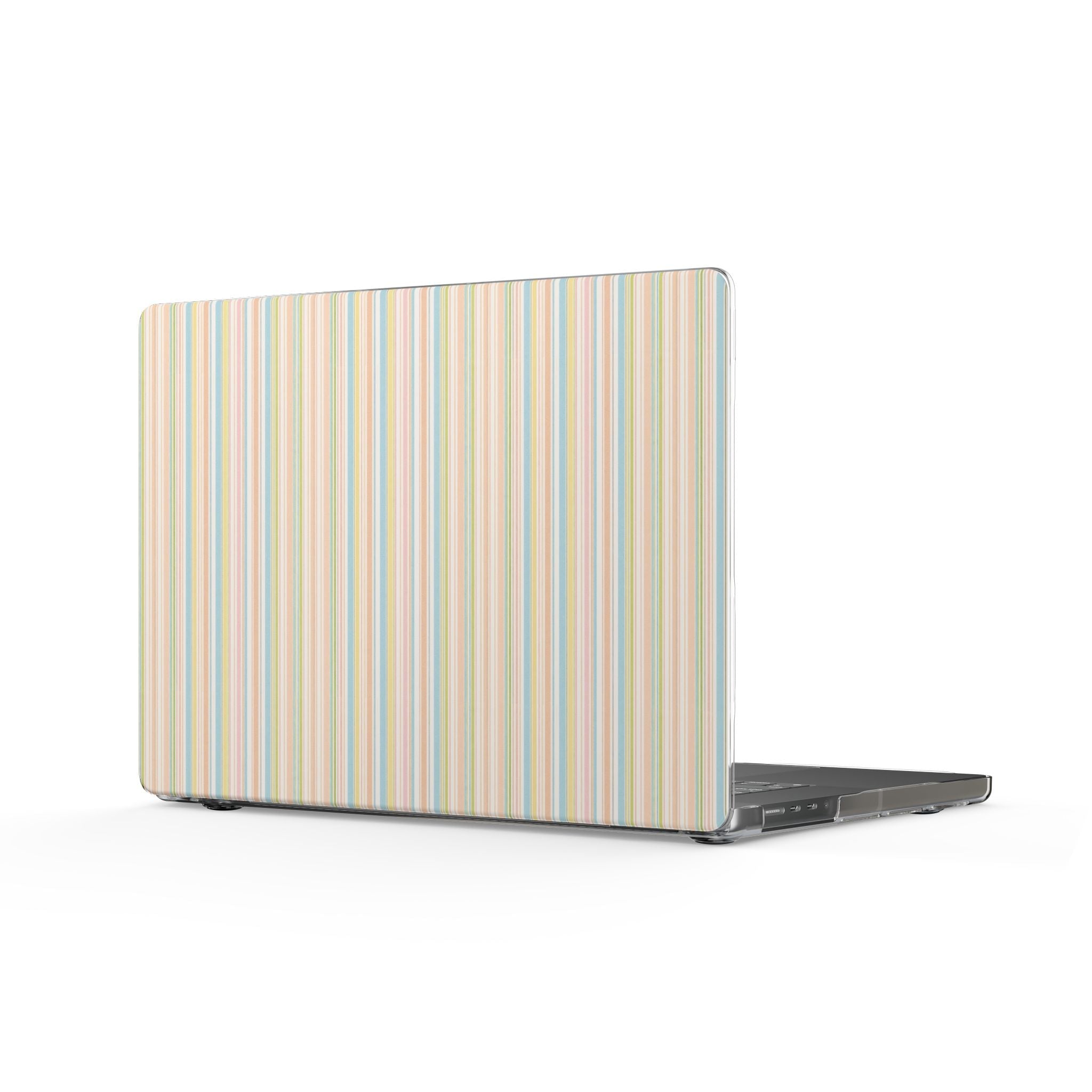 Pastel vertical striped hard shell MacBook cover with precise cutouts