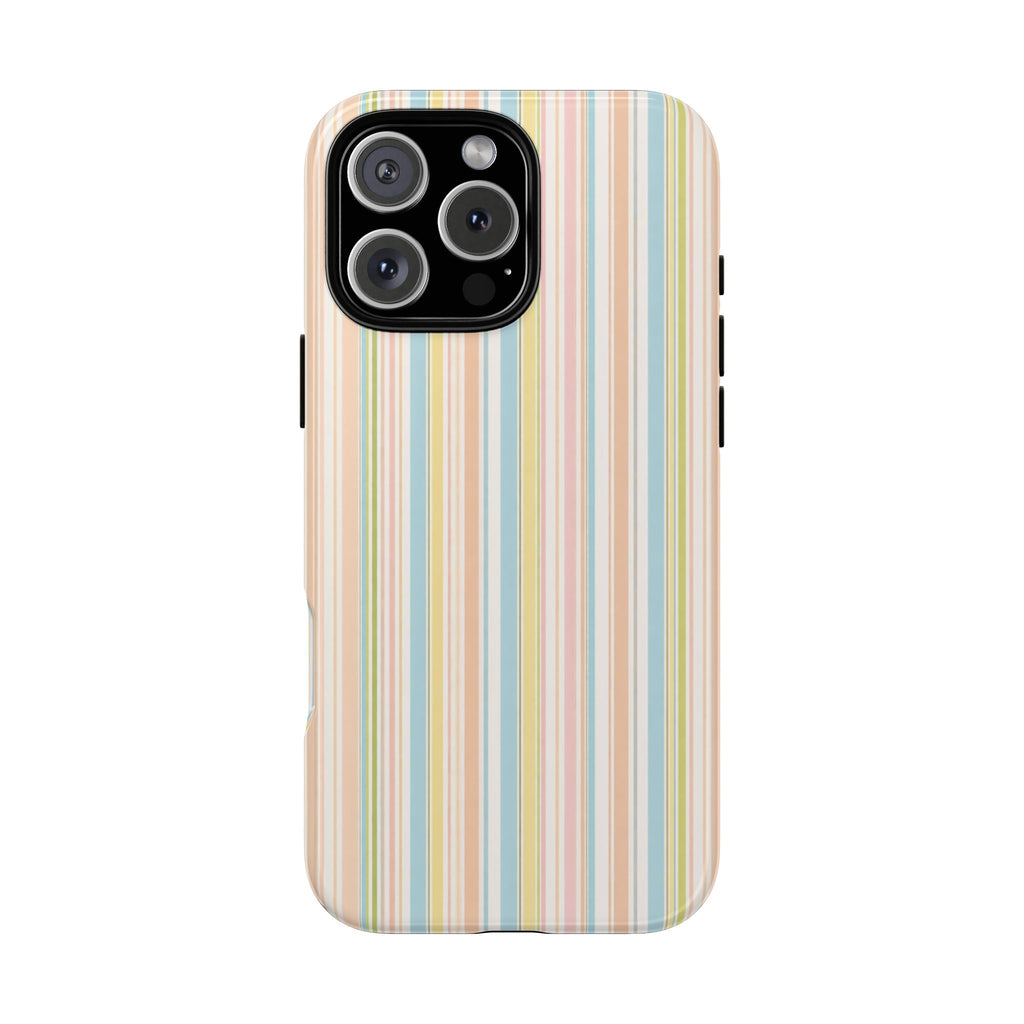 Florence stripes phone case with pastel vertical stripes; camera and side button cutouts