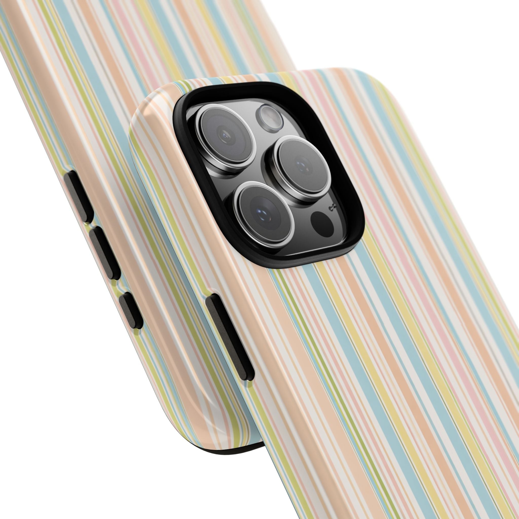 Florence stripes phone case angled view; pastel vertical stripes with camera lens cover