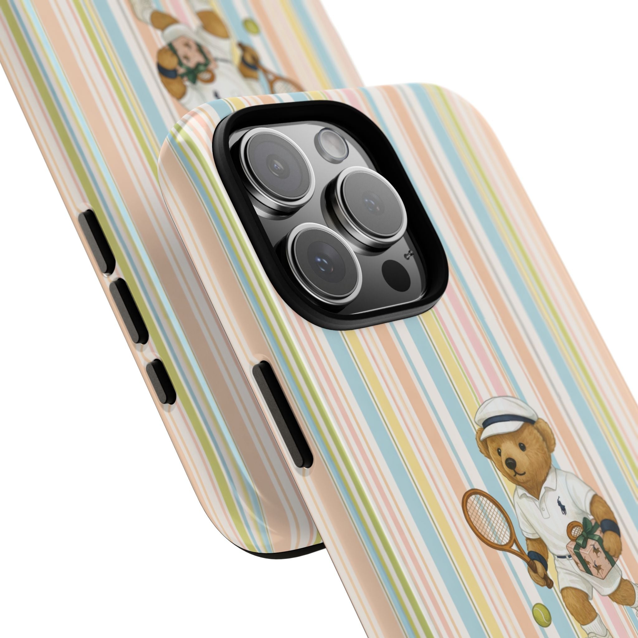 Angled striped phone case with teddy holding tennis racket by the camera cutout