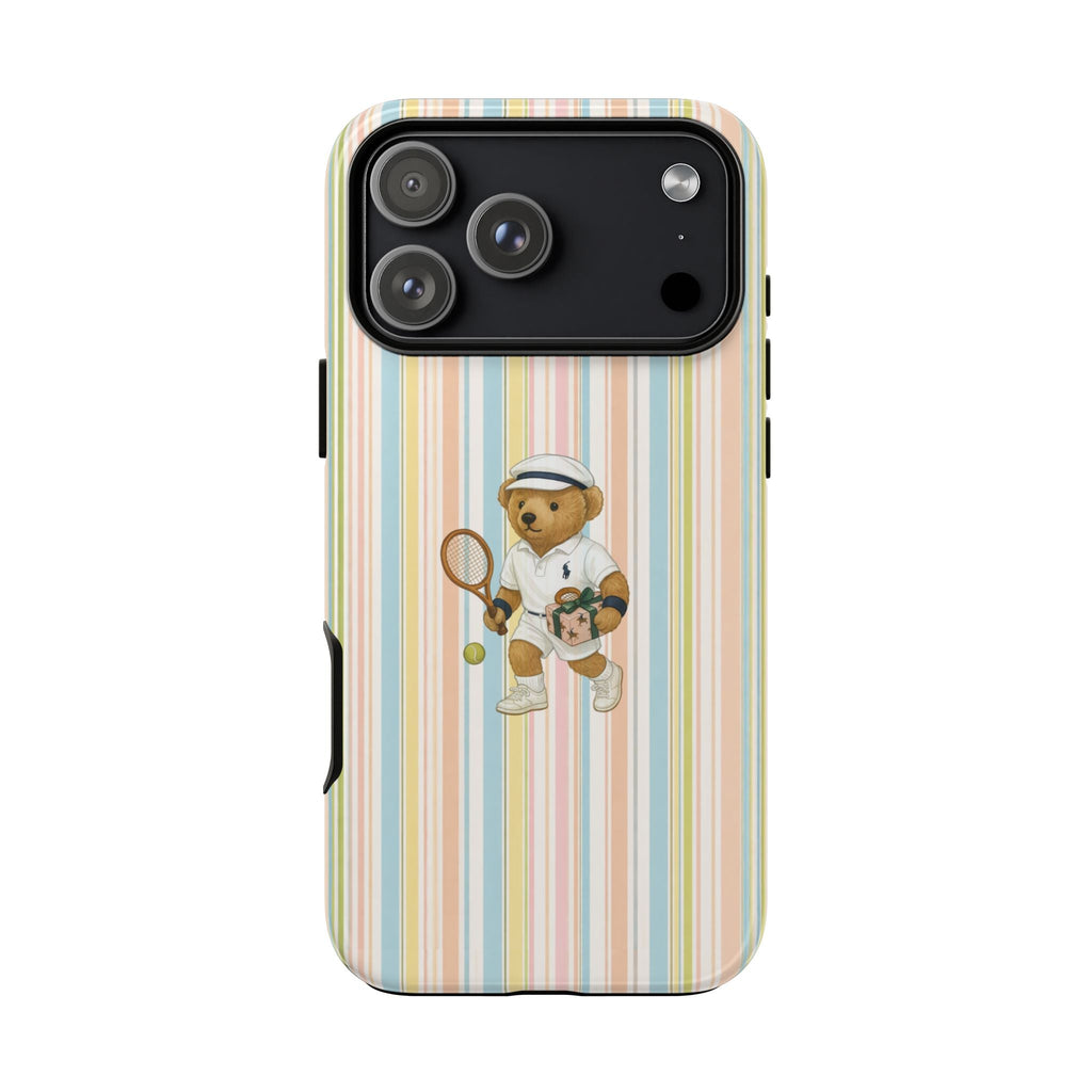 Pastel vertical striped phone case featuring teddy bear holding a tennis racket