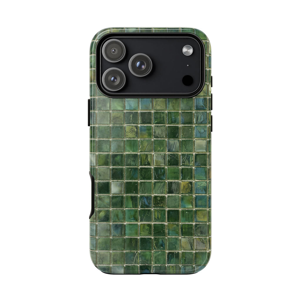 Forrest green mosaic phone case, back view with camera lens openings and grid texture