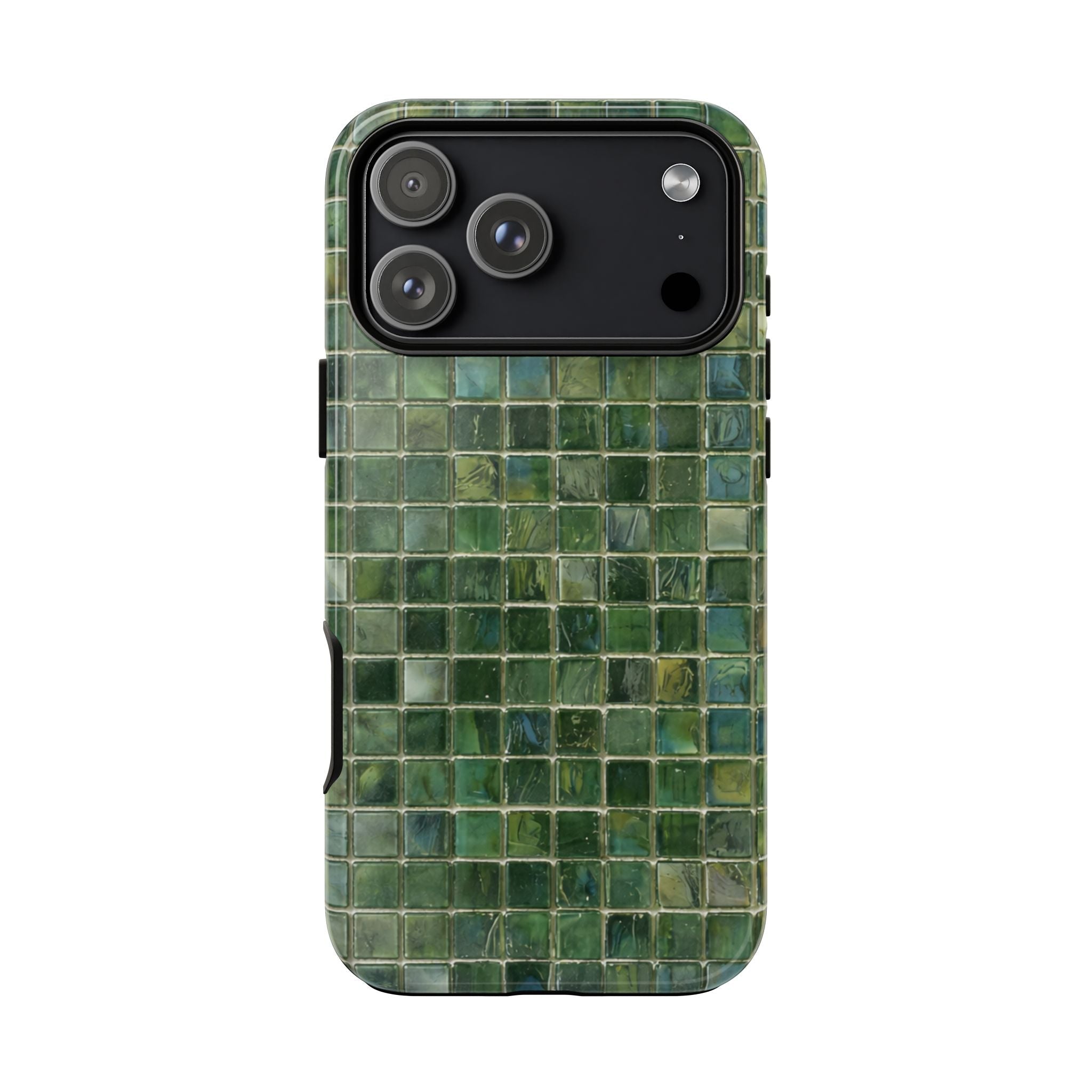Forrest green mosaic phone case, back view with camera lens openings and grid texture