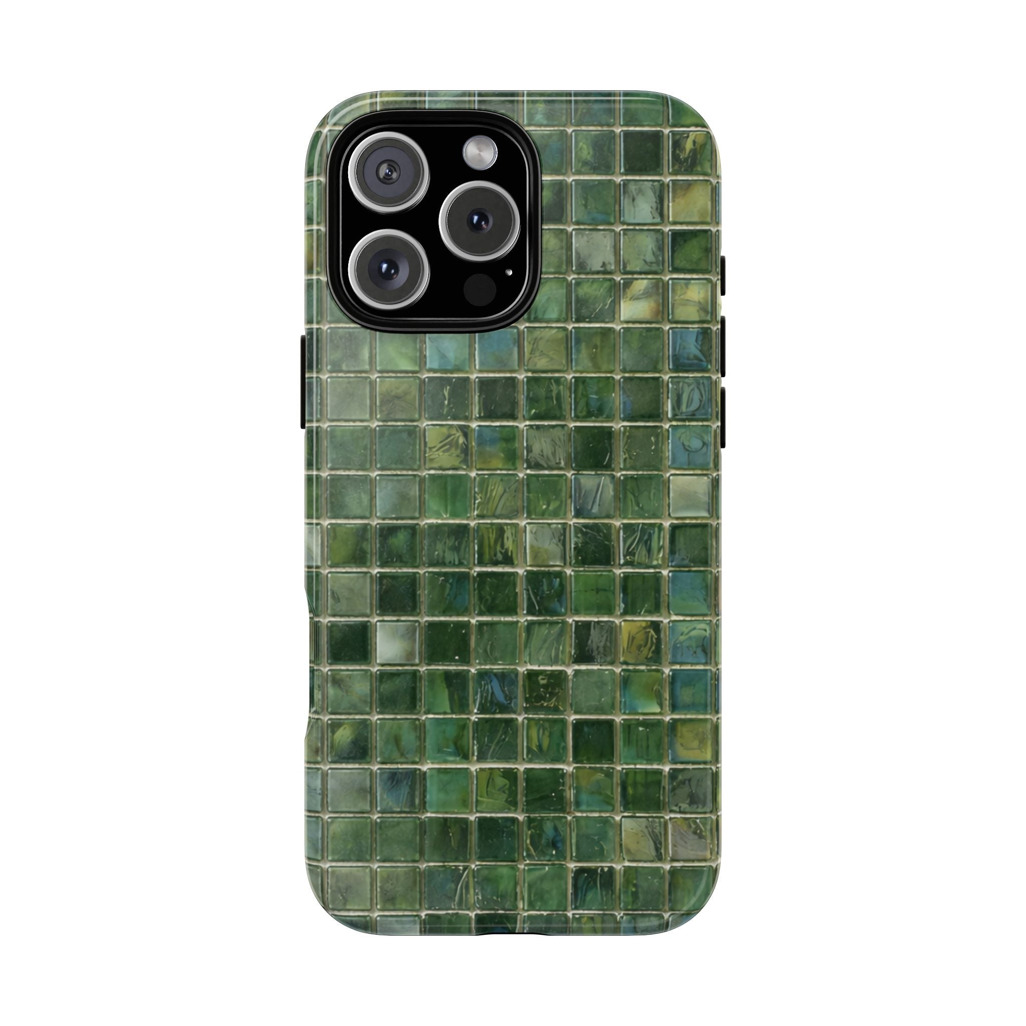 Forrest green mosaic phone case with raised camera cutouts and tile pattern