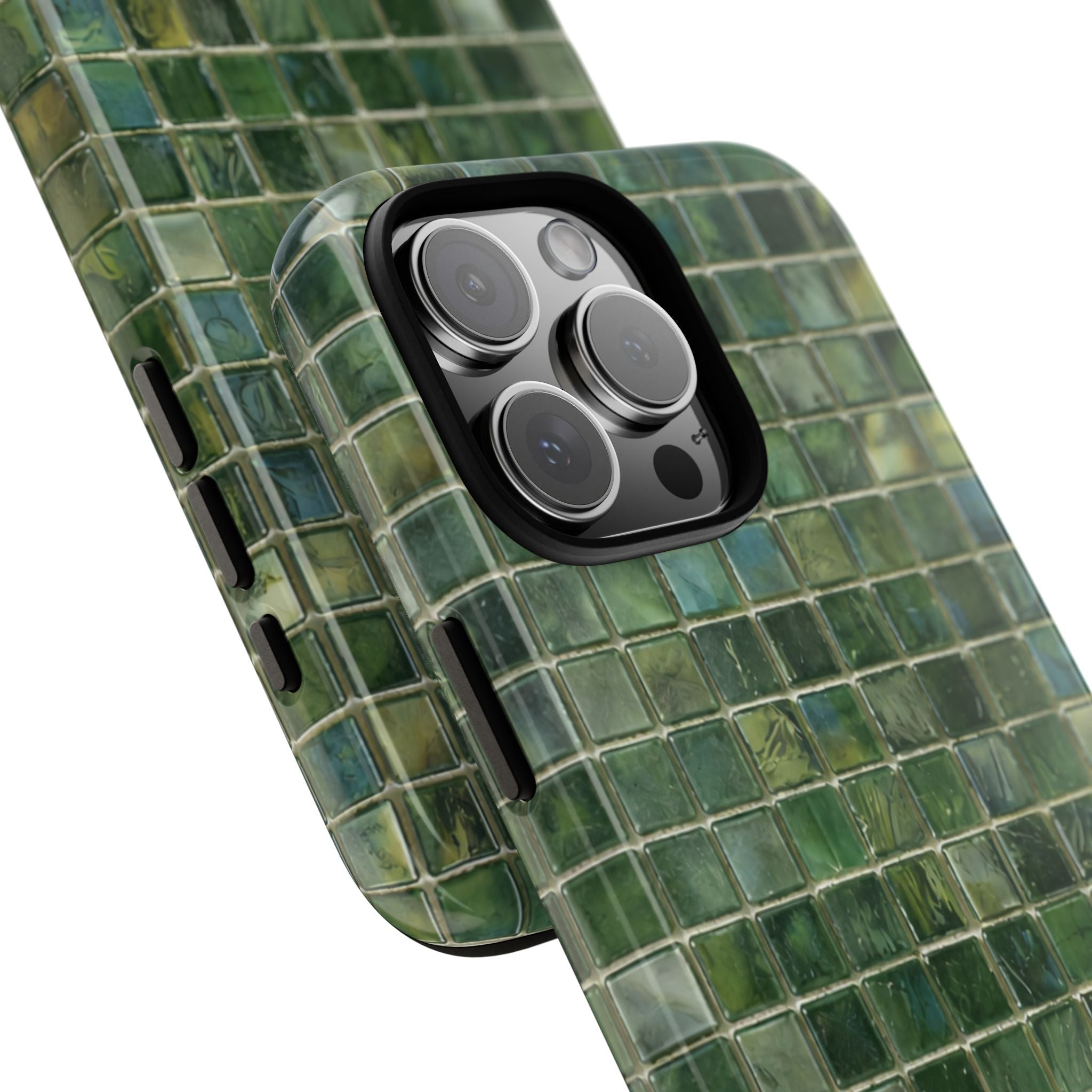 Green mosaic phone case angled view with camera cutouts and raised tile texture