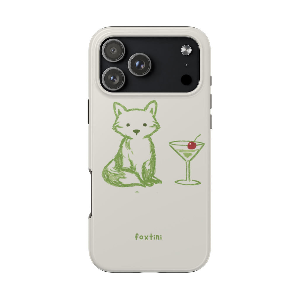 Light cream FoxTini phone case with green cat and martini, black camera panel