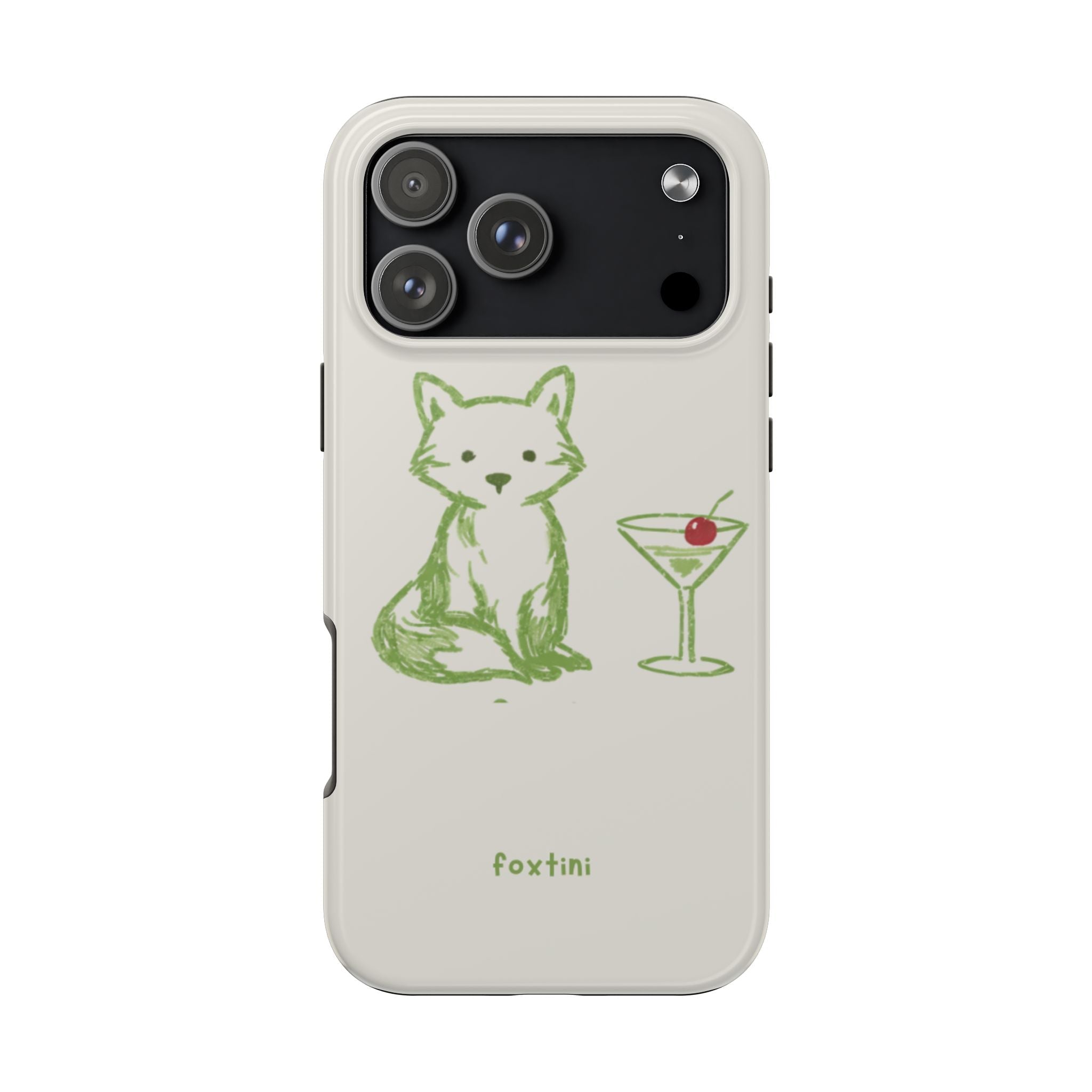Light cream FoxTini phone case with green cat and martini, black camera panel