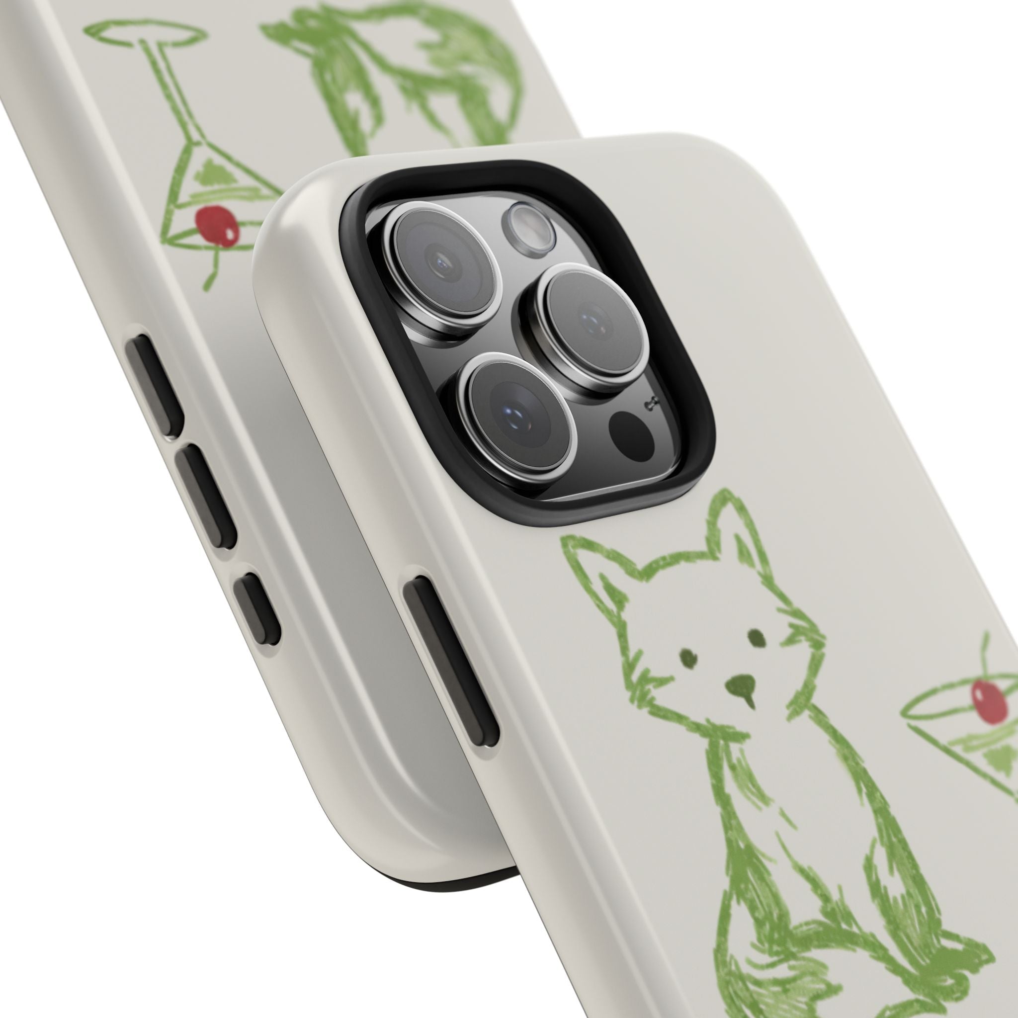FoxTini case corner view: light cream with green cat outline, side buttons visible