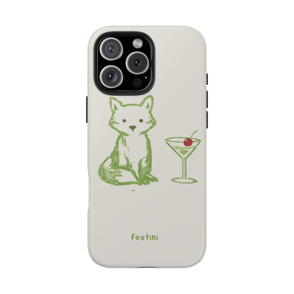 FoxTini phone case in light cream with green cat and martini graphic, camera cutout