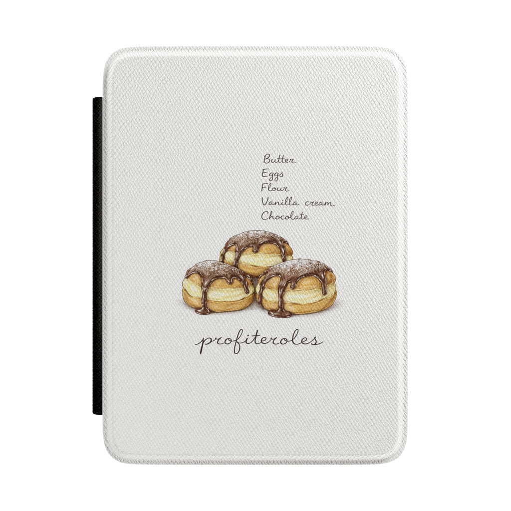 Hardcover Kindle case in light gray with illustrated French profiteroles on front