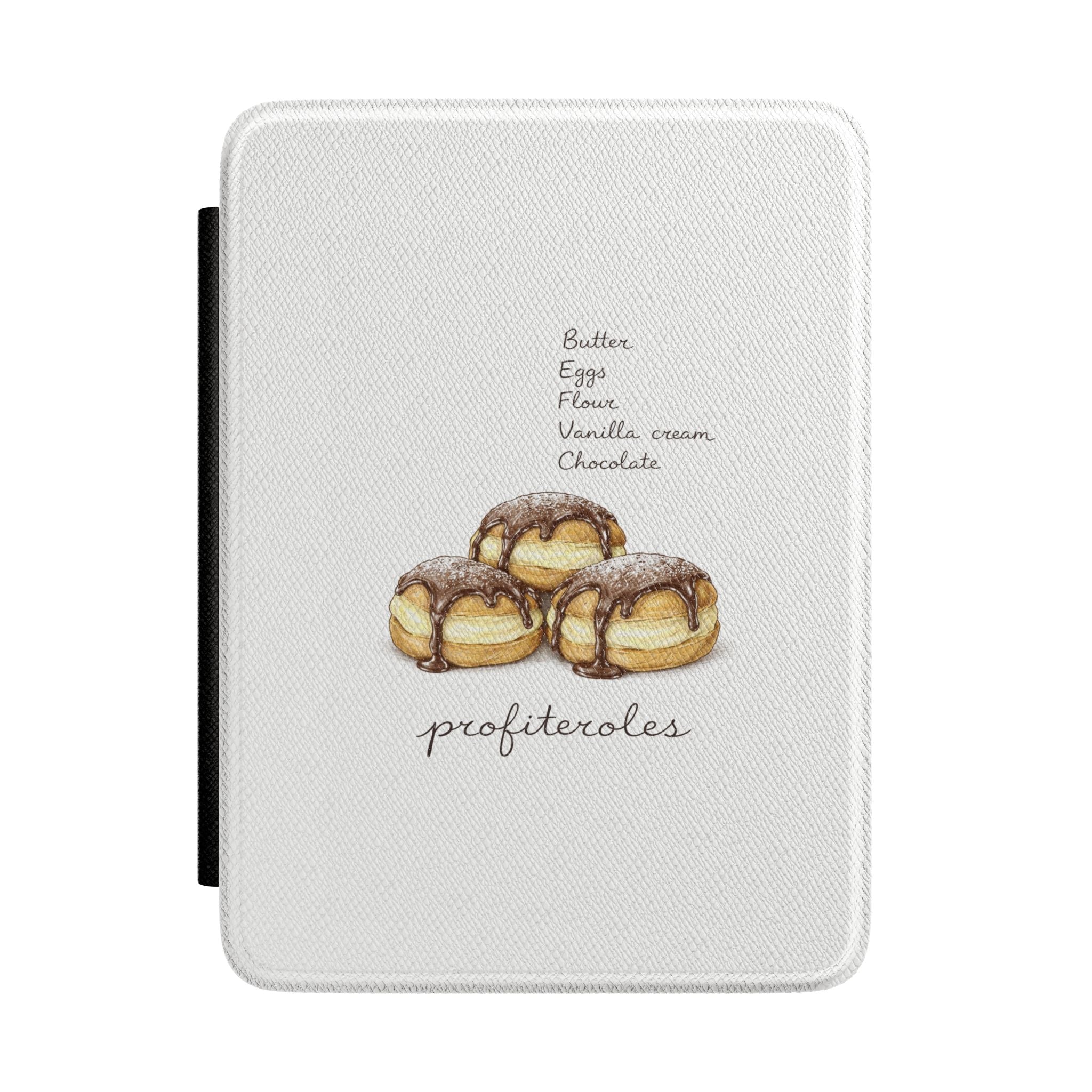 Hardcover Kindle case in light gray with illustrated French profiteroles on front