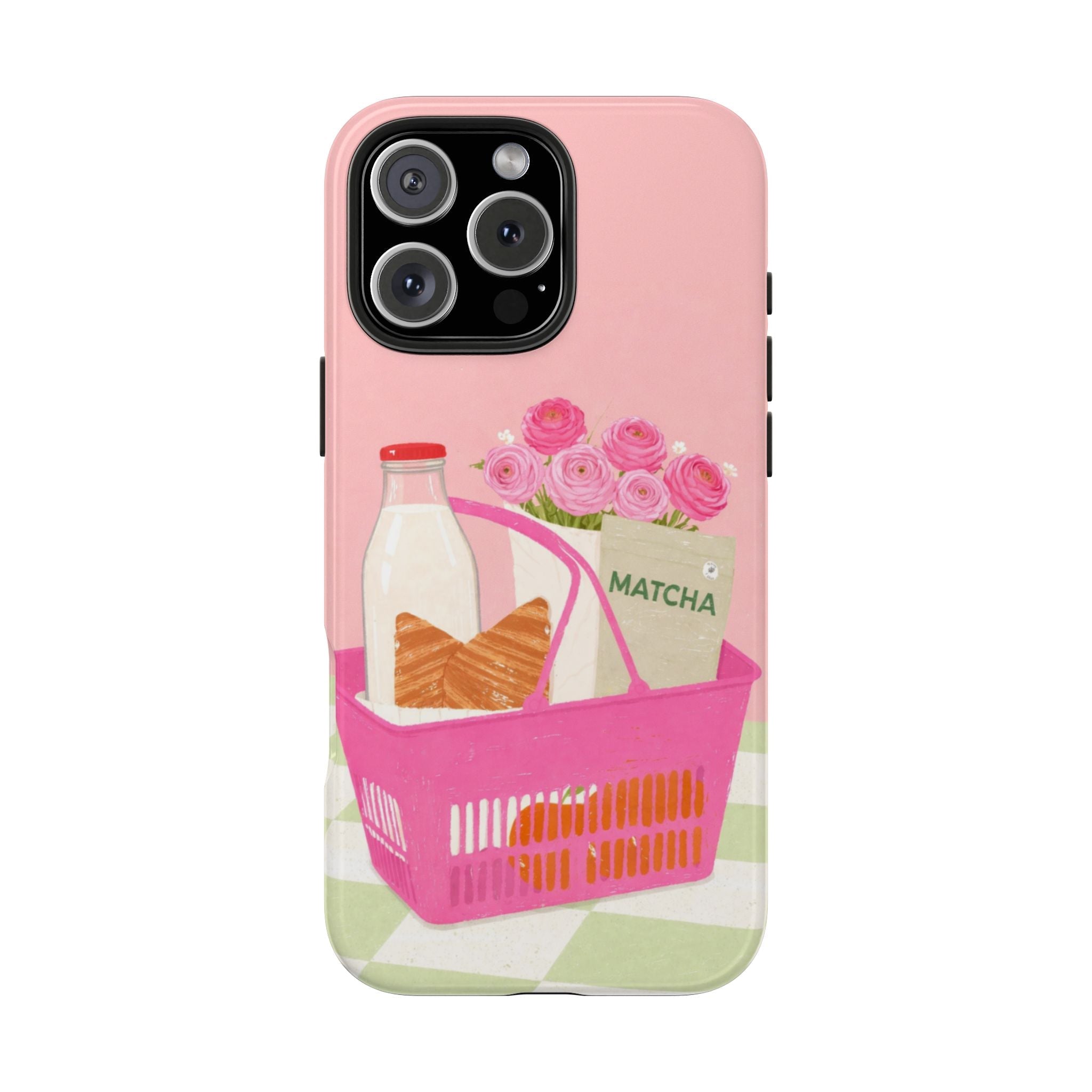 Pink phone case with matcha bag and pink flowers graphic, raised camera cutouts