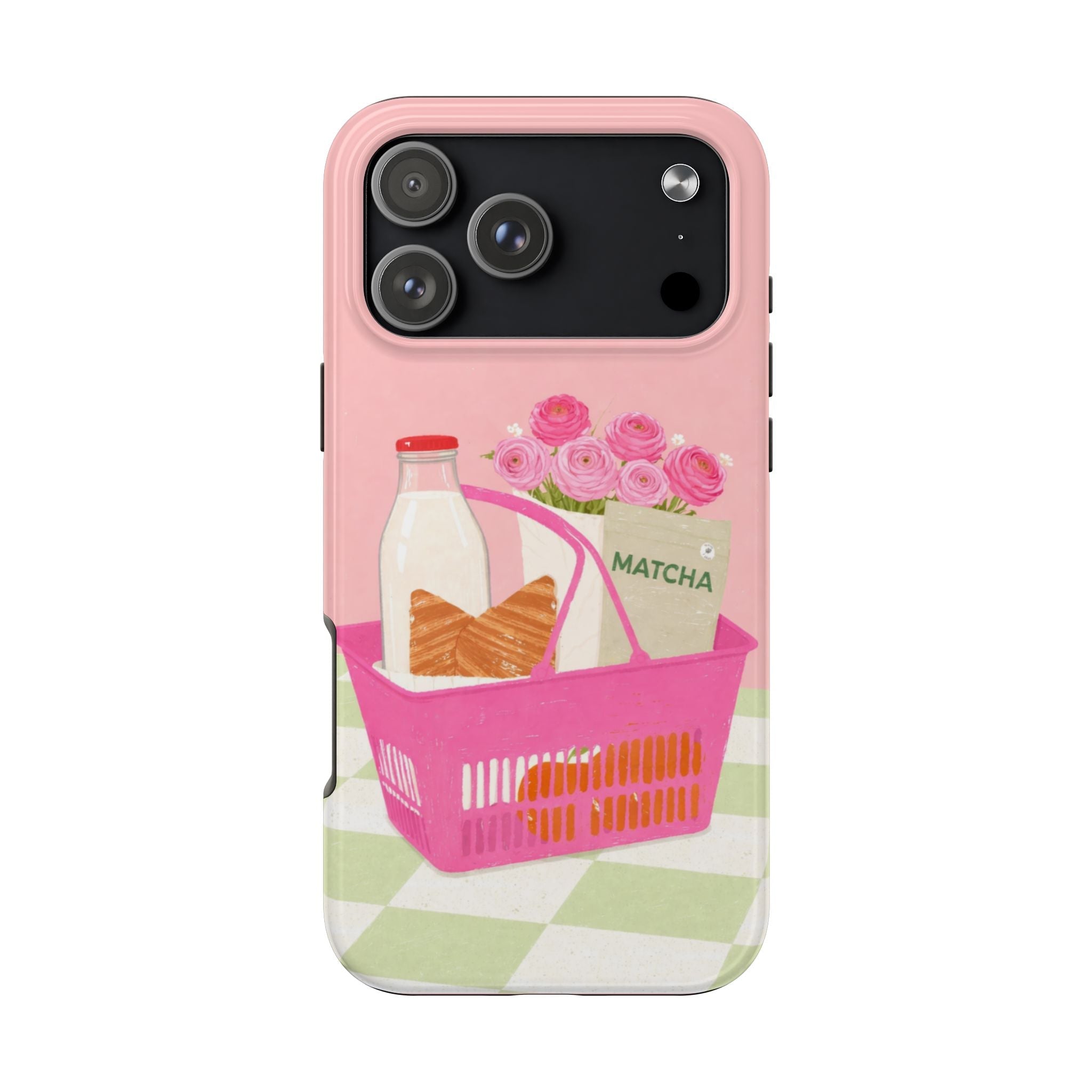 Pink phone case with matcha tote graphic, pink basket design and camera cutouts