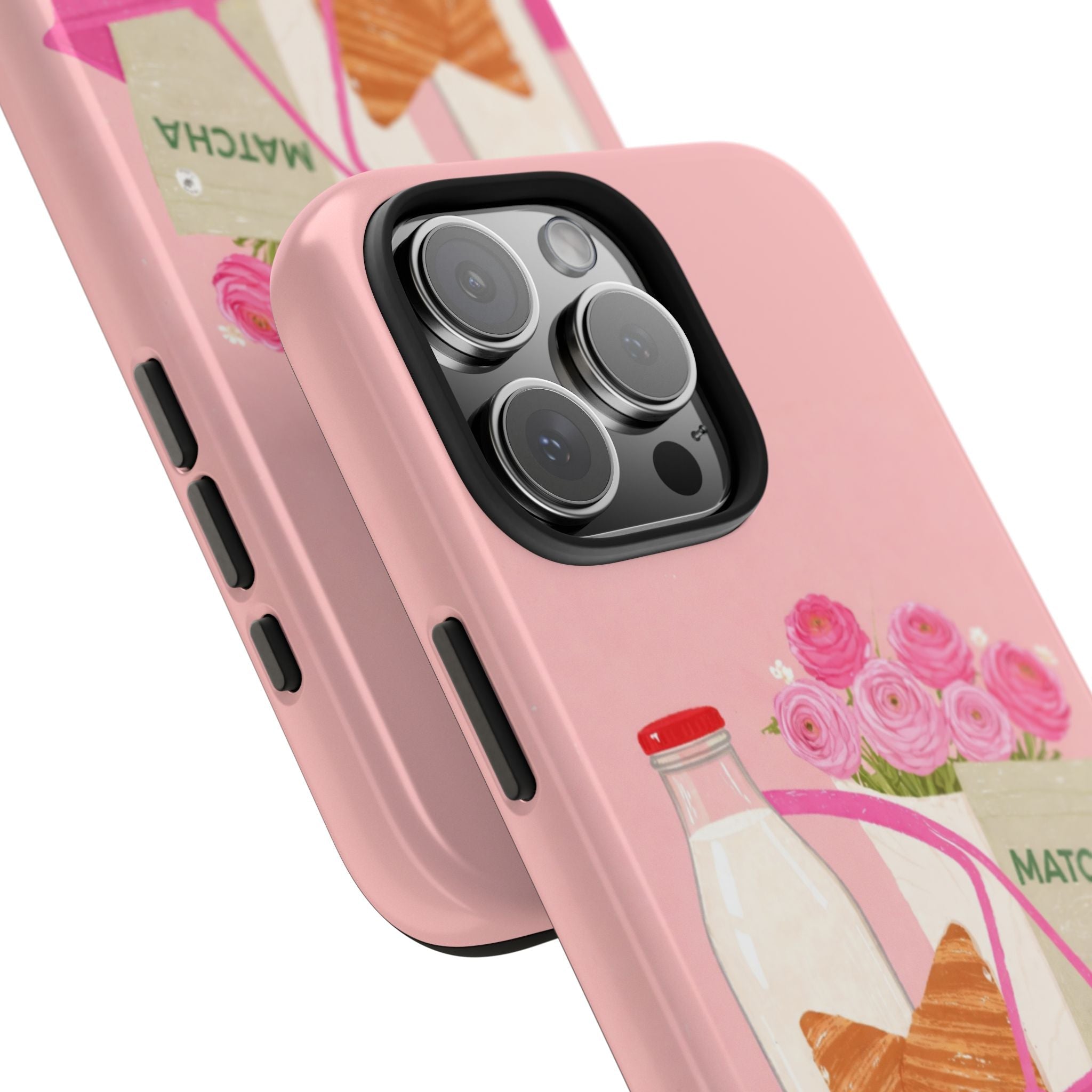 Pink phone case corner view with matcha basket artwork, camera lenses visible