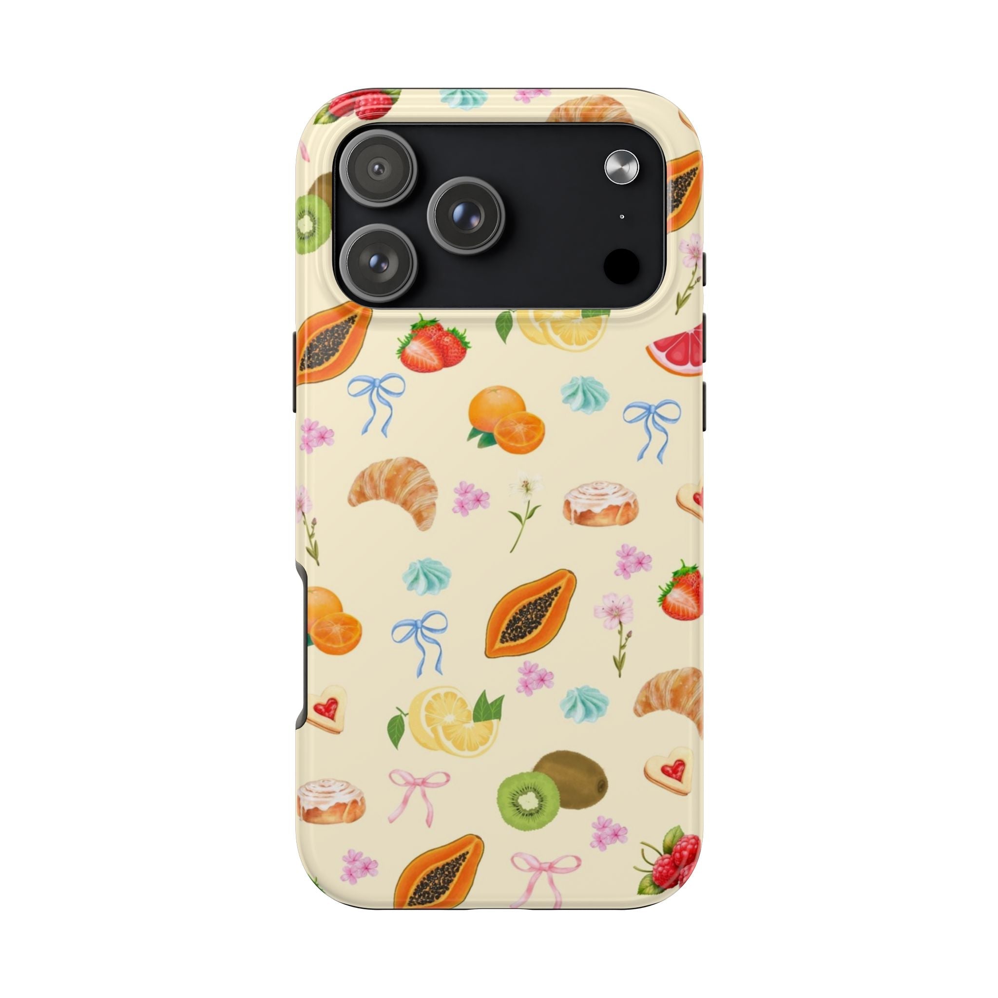 Cream fruit print phone case with camera cutout and raised edges