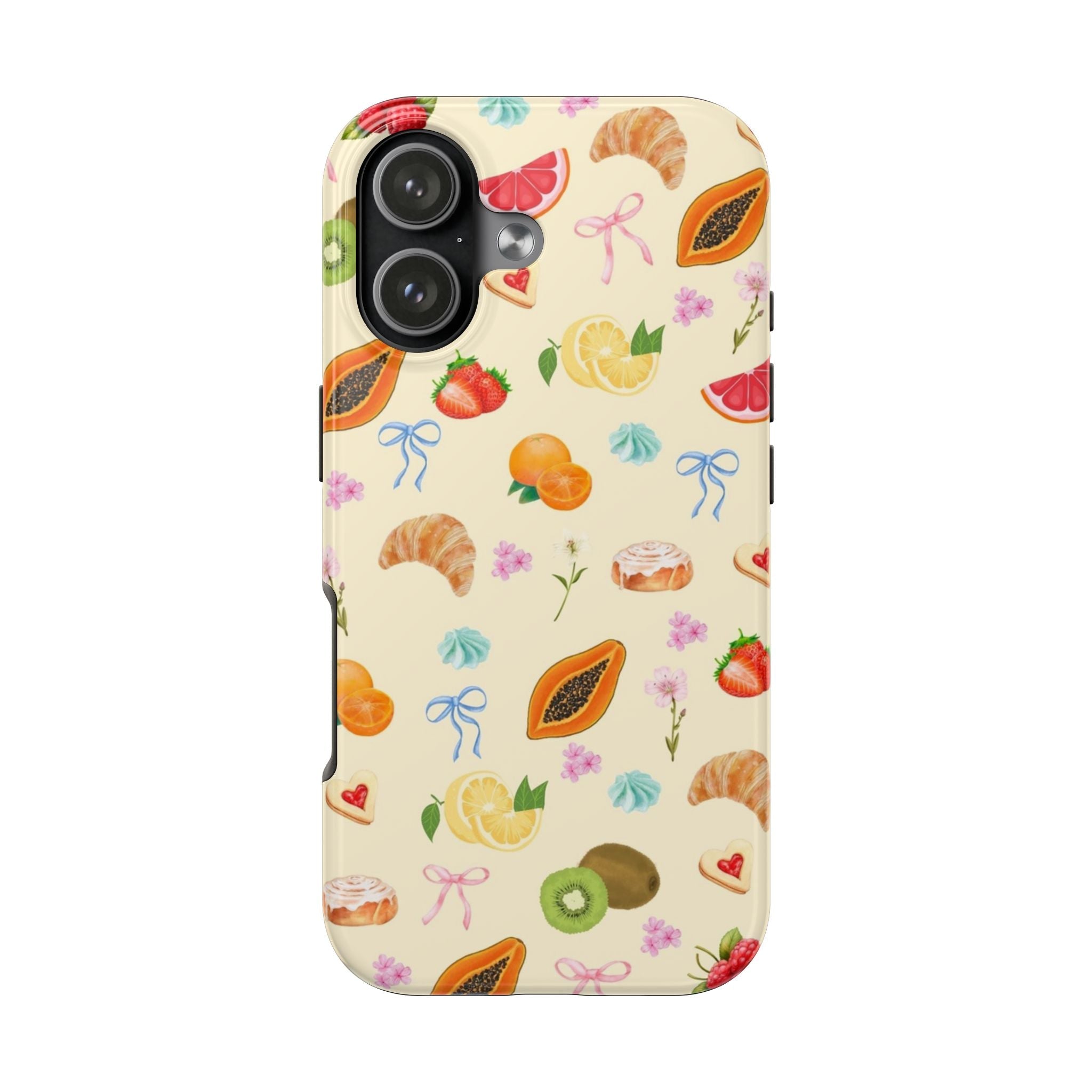 Cream fruit snack pattern phone case with cutouts for dual camera lenses