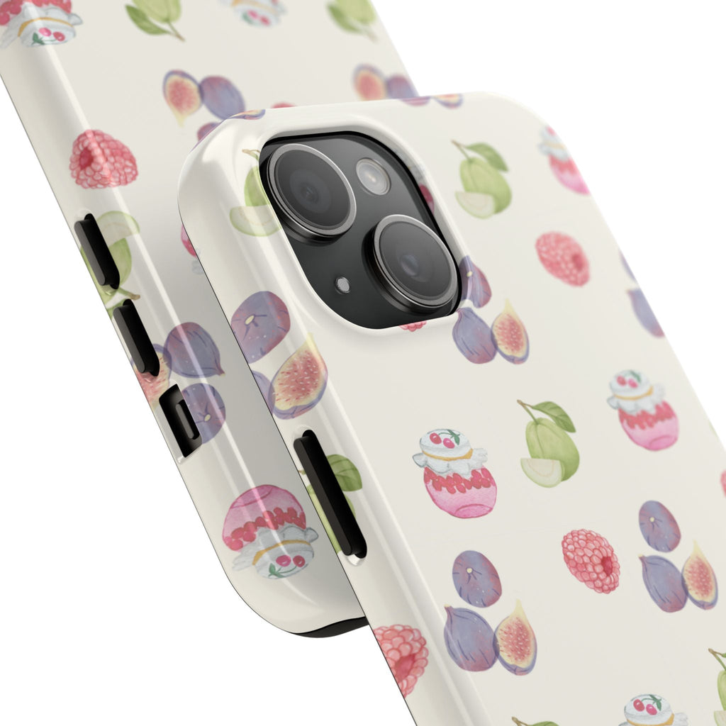 Fruit jam phone case angled view with cutouts and berry-leaf fruit pattern