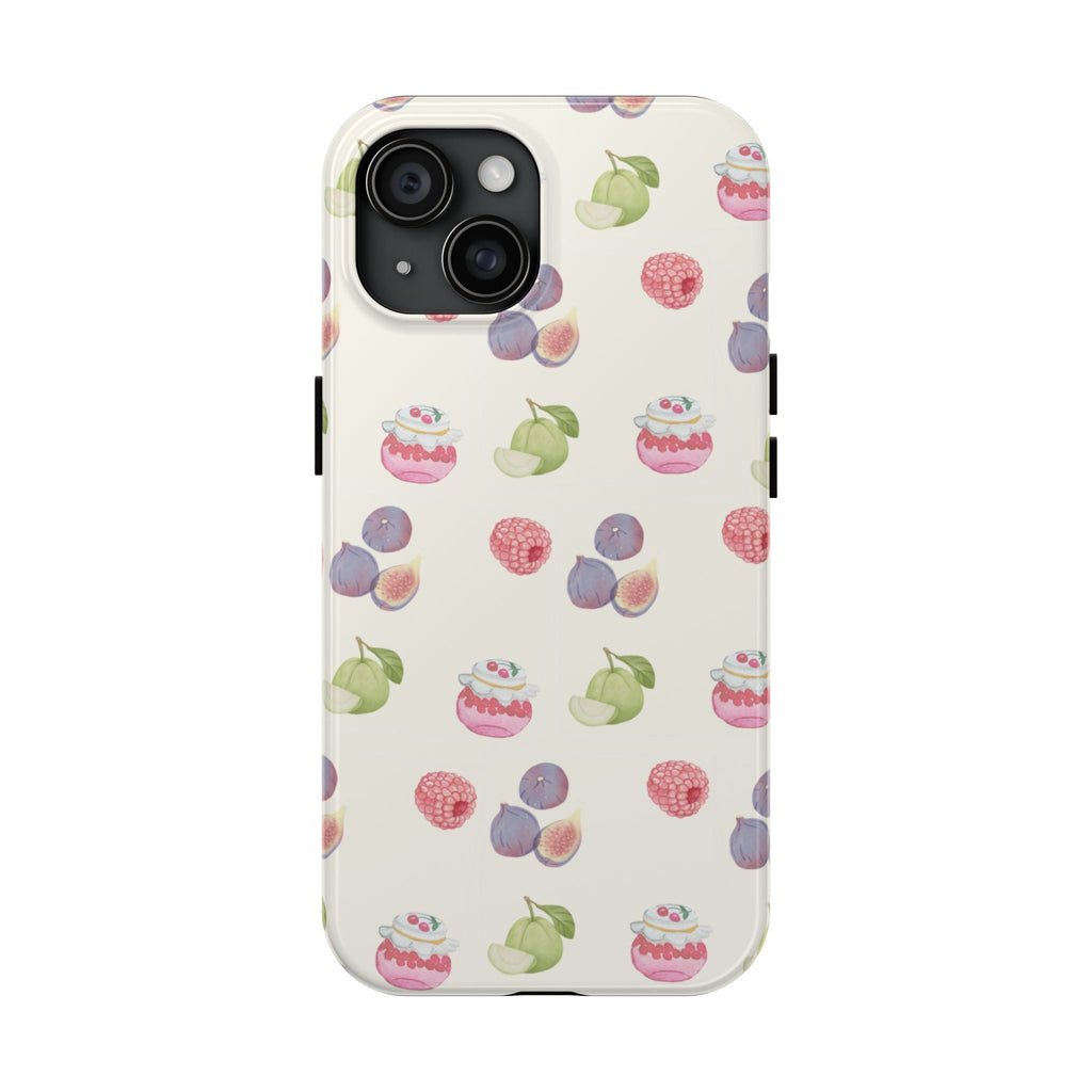 Fruit jam phone case with mixed berries and leaves pattern on light base
