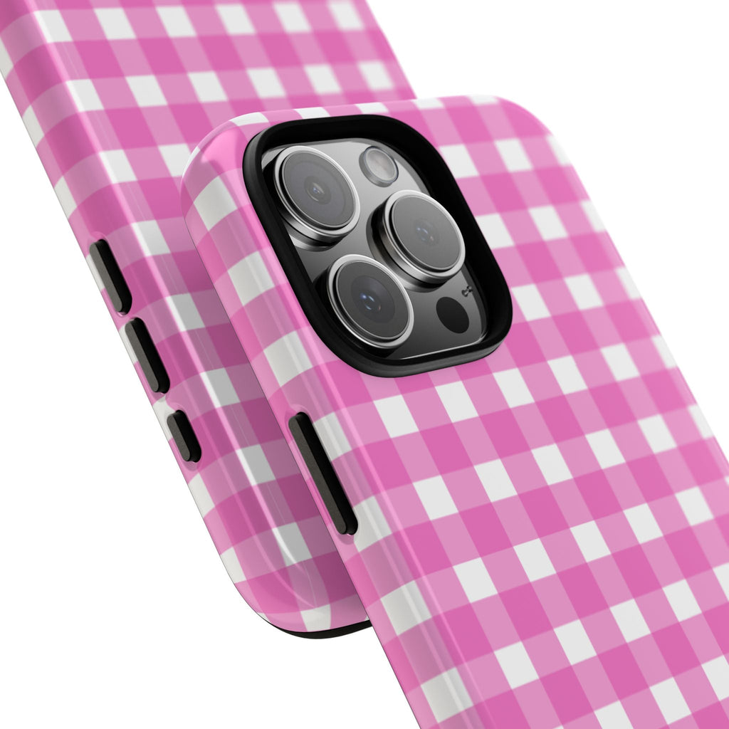 Fuchsia gingham phone case with pink-and-white checks, raised camera protection.