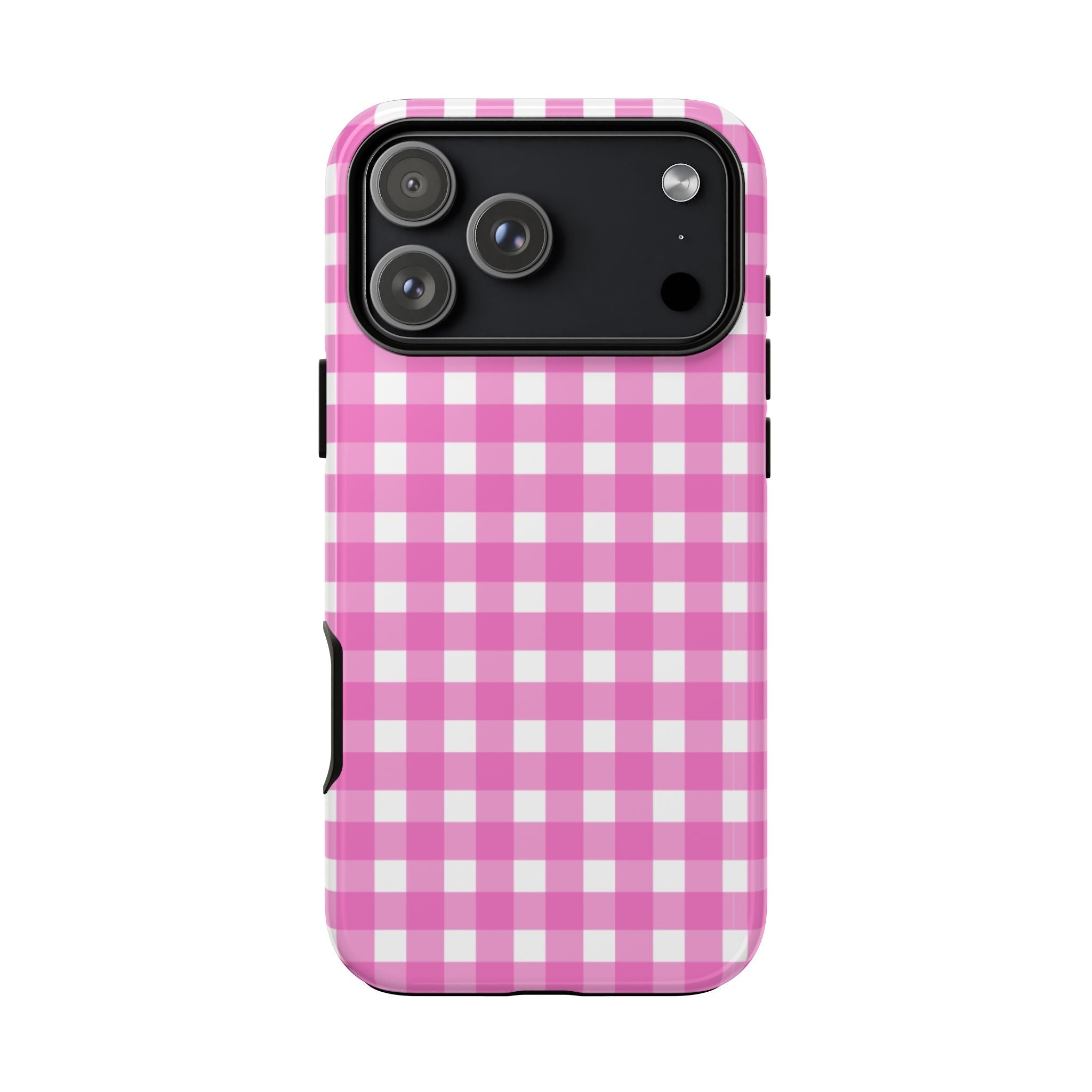 Fuchsia gingham phone case with pink-and-white checks and camera cutout.