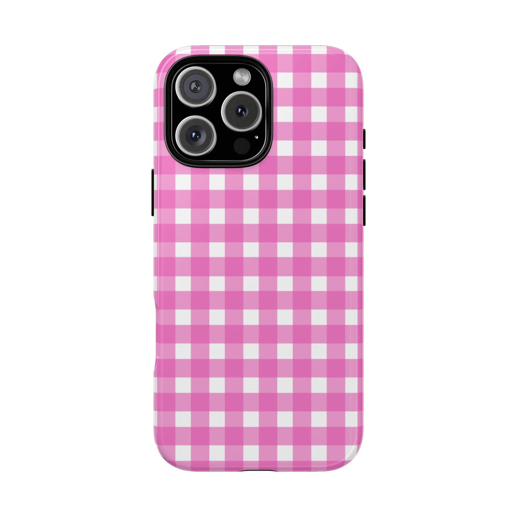 Fuchsia gingham phone case with pink-and-white check pattern, glossy finish.