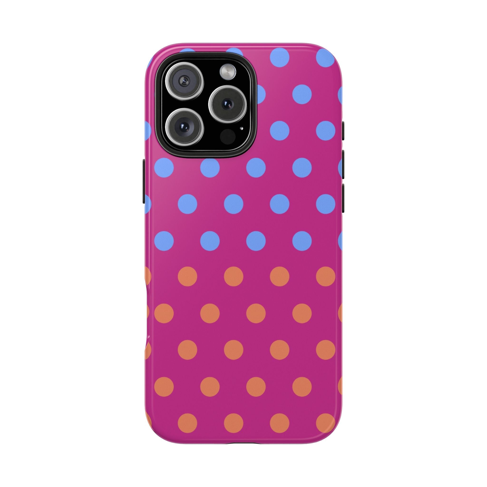 Pink phone case with blue polka dots and orange dots; centered camera cutout