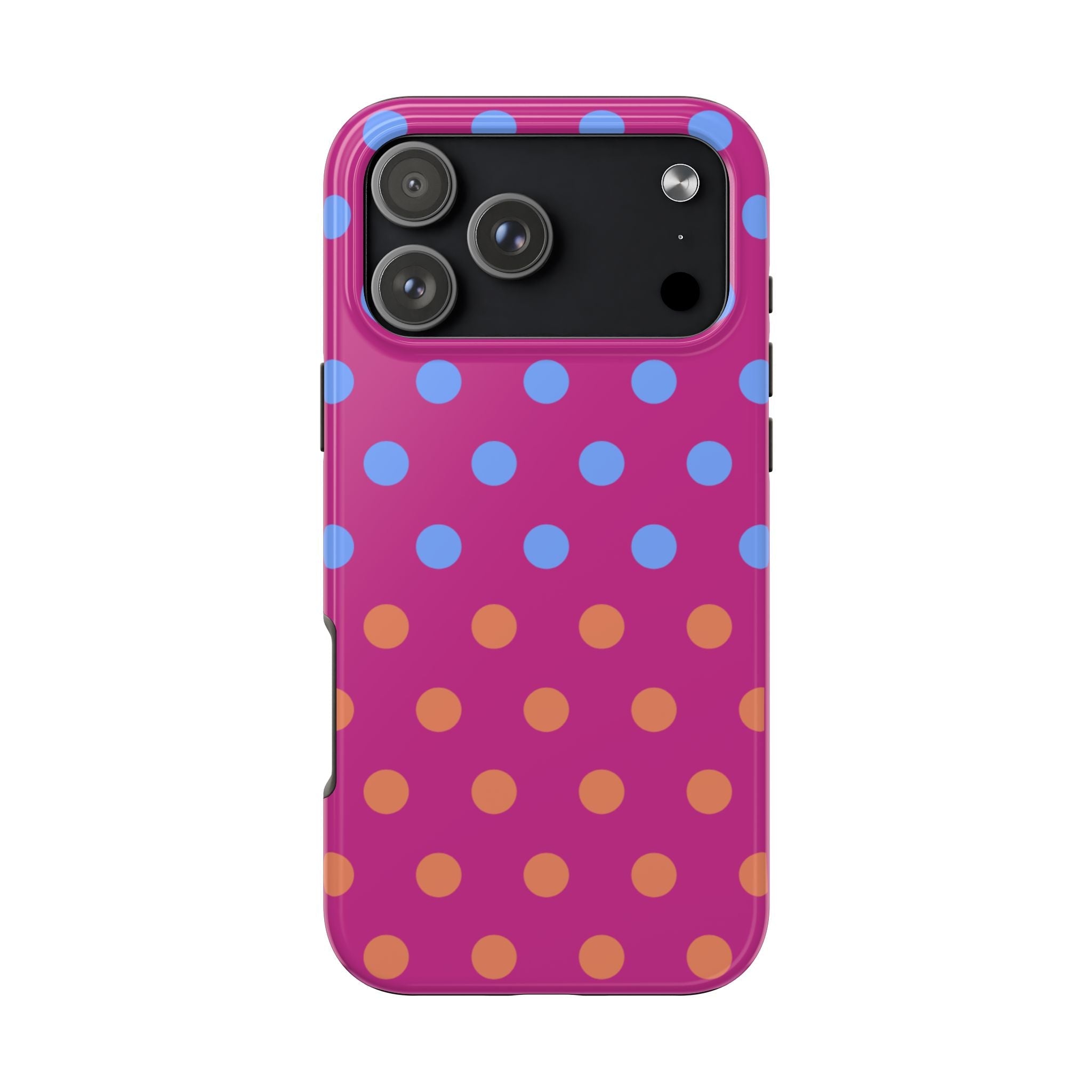 Pink phone case with blue and orange polka dots; camera cutout and flash
