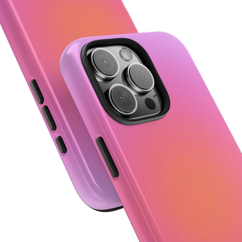 Fuchsia Fire Aura phone case close-up: raised lens openings and side button cutouts