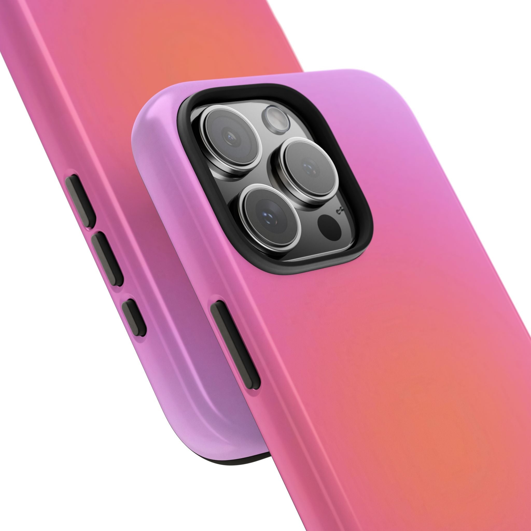 Fuchsia Fire Aura phone case close-up: raised lens openings and side button cutouts