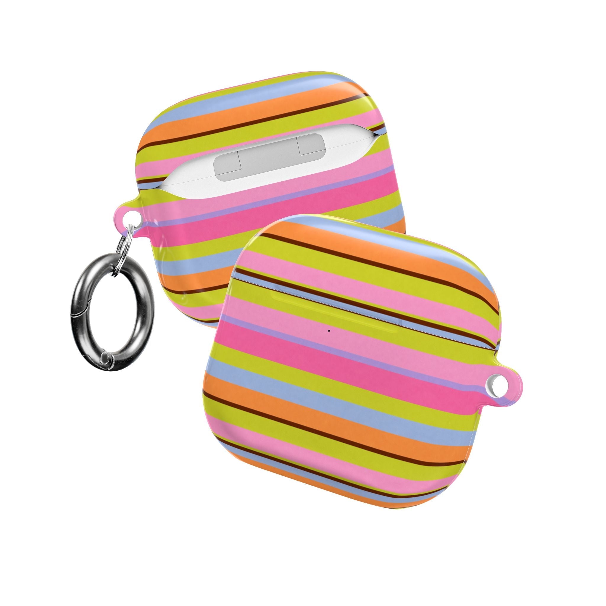 Set of striped AirPods case covers with metal key rings and silicone loop