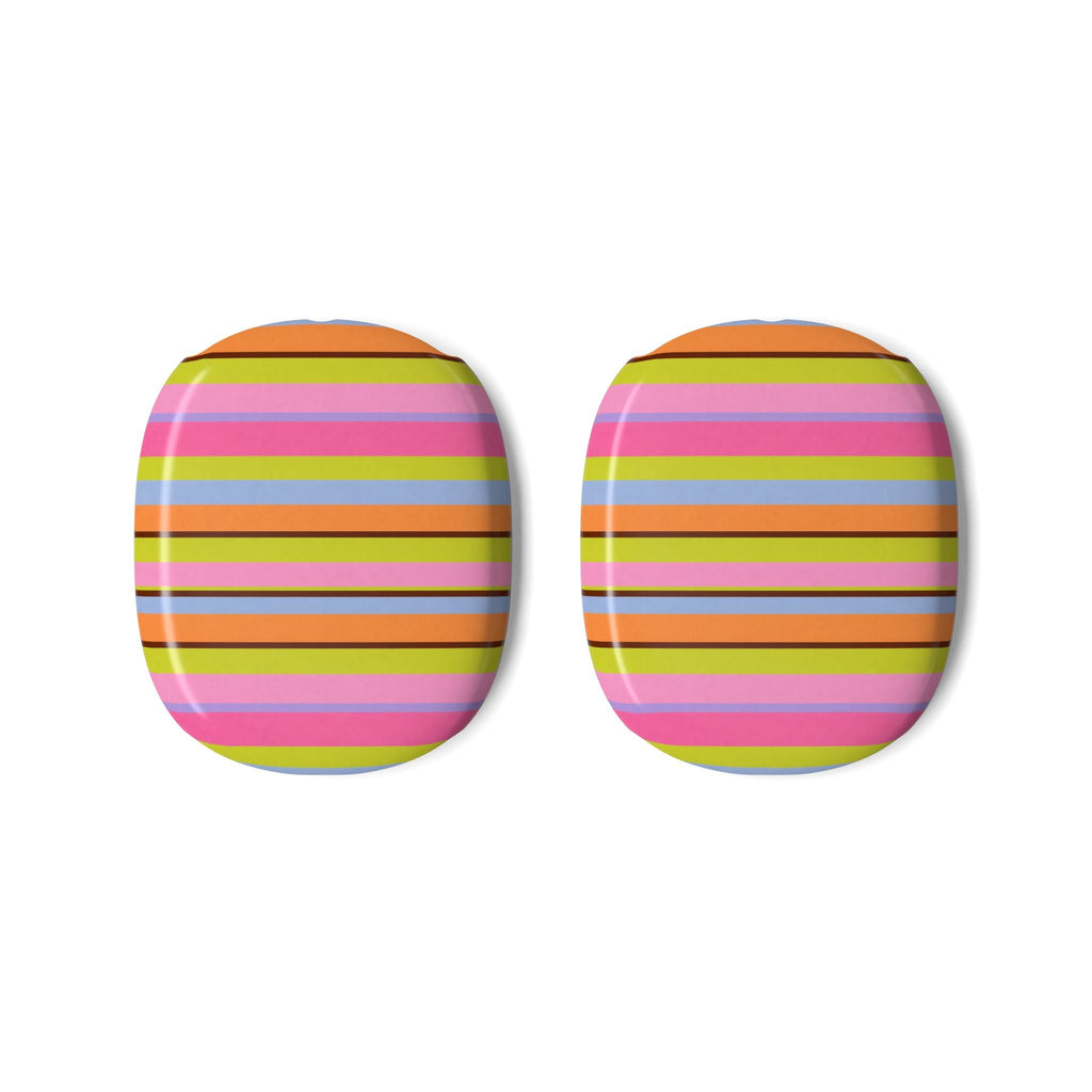 Two AirPods Max ear pad covers with multicolor horizontal stripes, front view