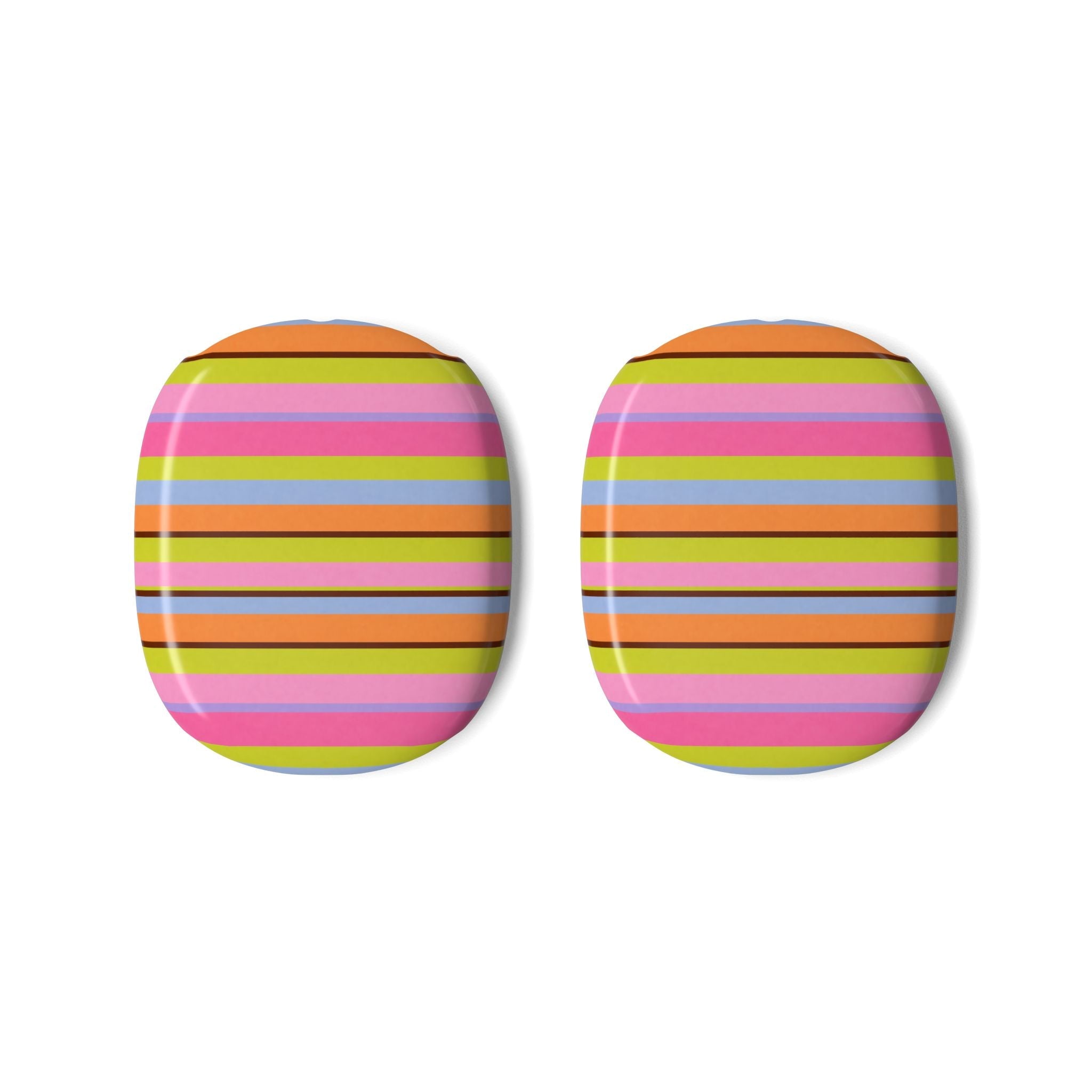 Two AirPods Max ear pad covers with multicolor horizontal stripes, front view