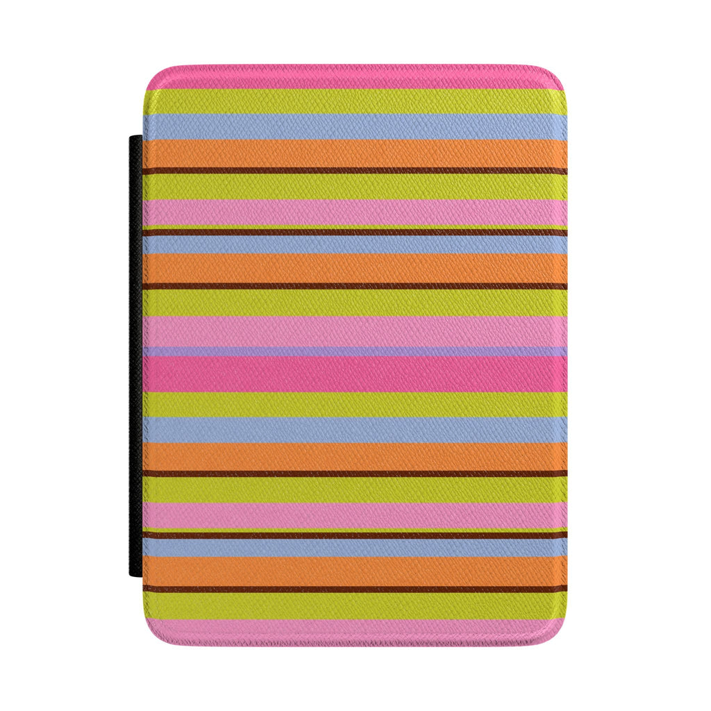 Striped hardcover Kindle case with horizontal bands in pink, blue, orange, green, and purple