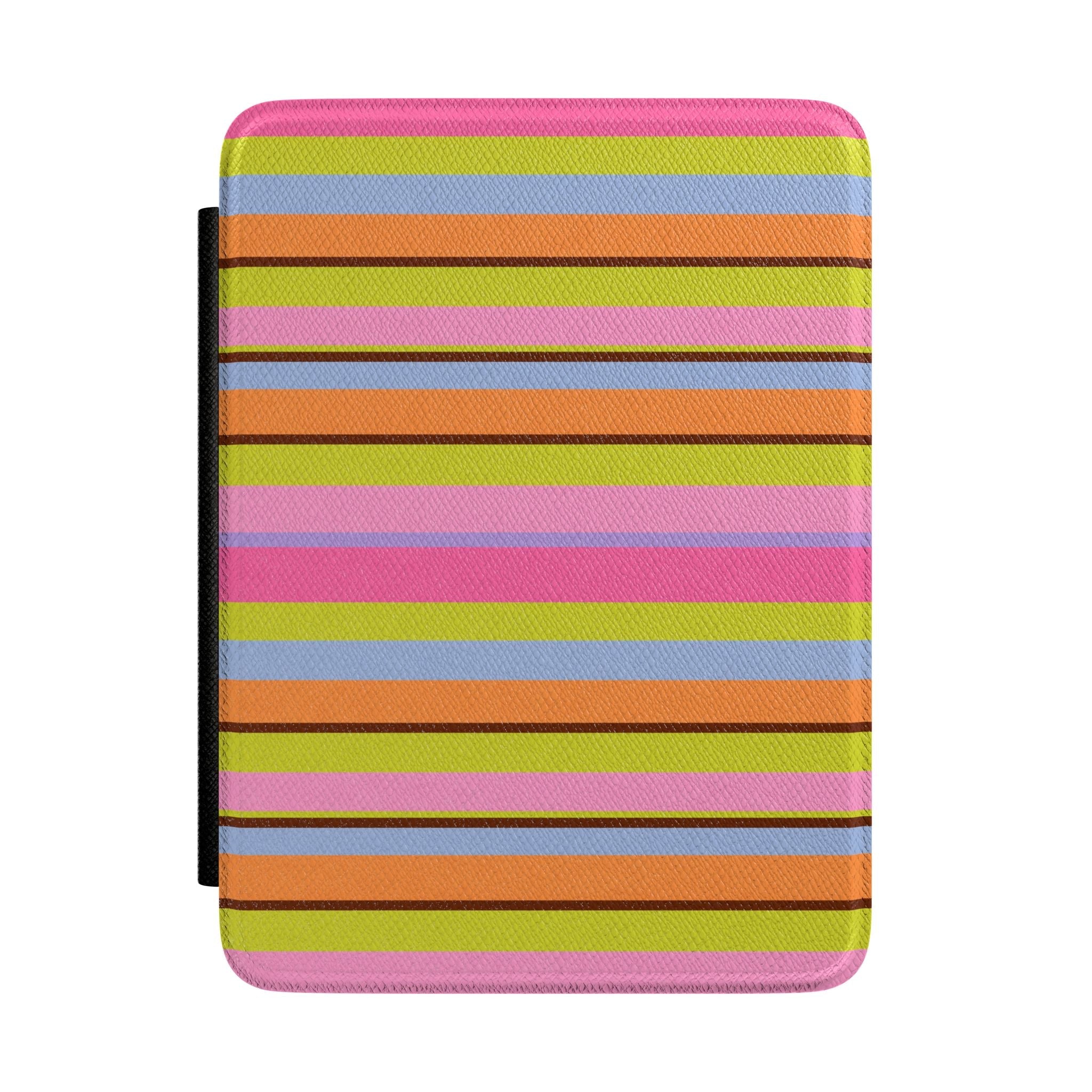 Striped hardcover Kindle case with horizontal bands in pink, blue, orange, green, and purple
