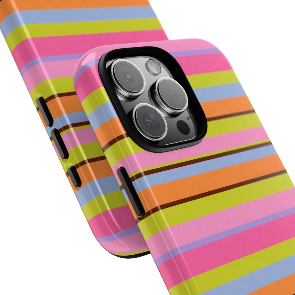 Angled striped phone case, pink back with multi-color horizontal bands and lens cutouts